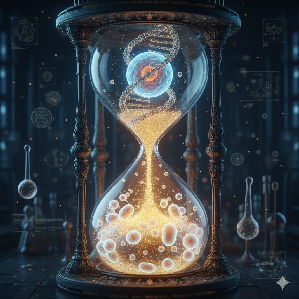 "Предел Хейфлика: Клетка в плену времени", иллюстрация стздана сетью Джемини