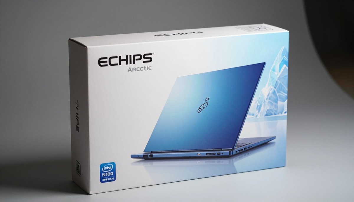 Элегантный ноутбук ECHIPS Arctic в стильной упаковке, занимающий центральное место на переднем плане. Коробка выполнена в современном стиле с использованием ледяно-голубой и белой графики, подчеркивающей такие характеристики, как «Intel N100» и «8 ГБ оперативной памяти». Мягкое фоновое освещение подчеркивает контраст с нейтральным фоном, на котором выделяется продукт. Основное внимание следует уделить деталям коробки и ноутбука, демонстрируя глянцевое покрытие и яркий цвет самого ноутбука, когда он частично открыт. Атмосфера передает ощущение инновационности и изысканности, что идеально подходит для технически подкованной аудитории. Слегка приподнимите камеру, чтобы эффективно снять ноутбук и его упаковку, обеспечив четкость и визуальную привлекательность без использования текста или элементов фирменного стиля на изображении.