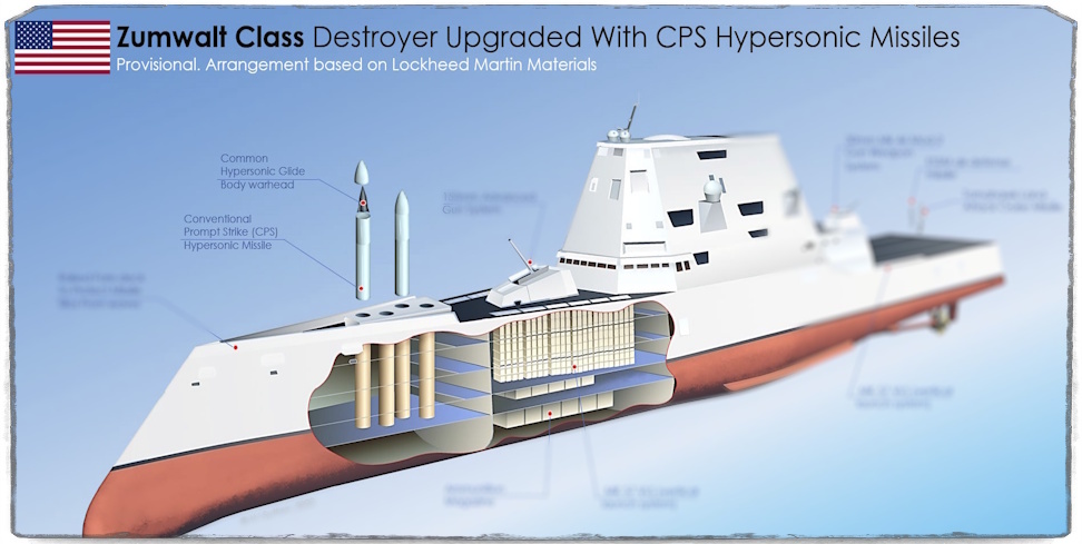 Источник: hisutton.com. В кадре модернизированный под ракеты CPS эсминец типа Zumwalt.