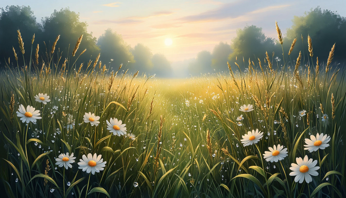 Роса на травах туманным утром. Изображение от ИИ Шедеврум