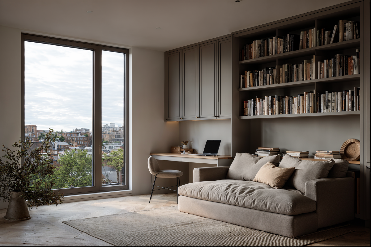 Рабочий стол в гостиной: консоль за диваном вместо кабинета