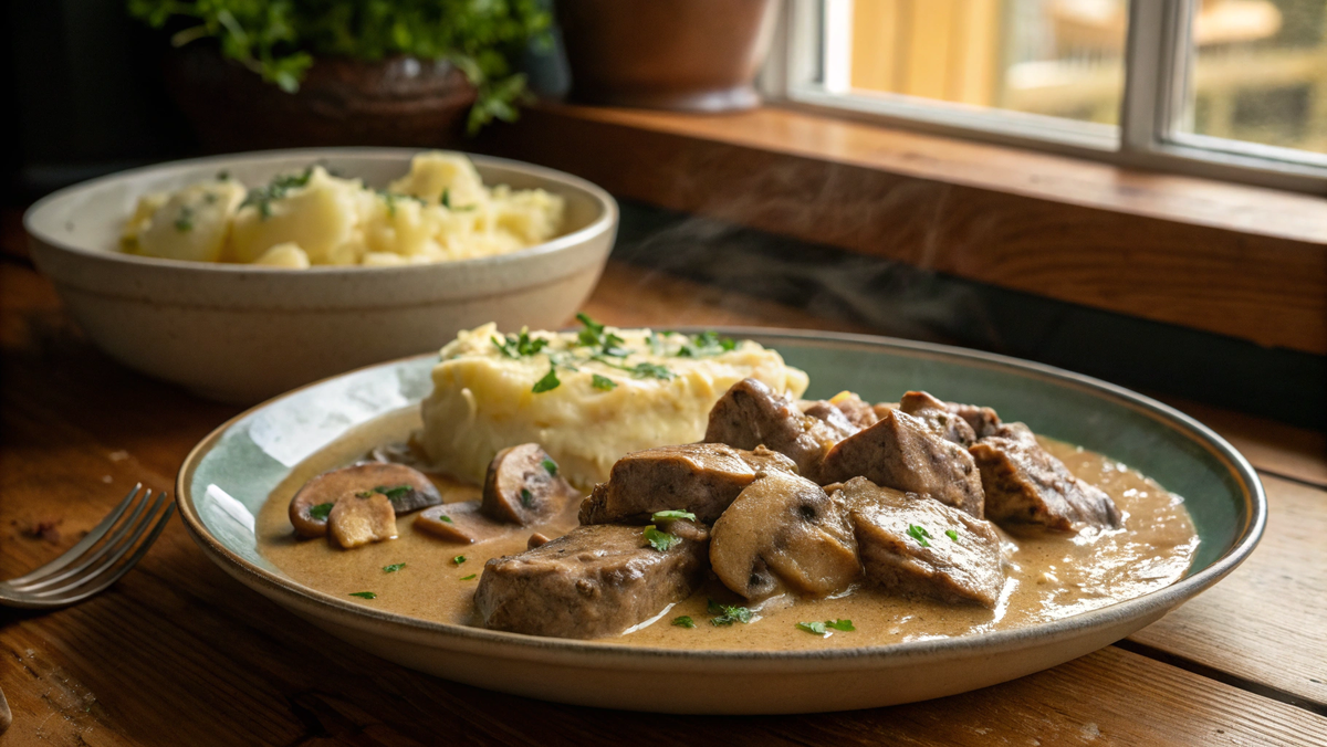 Керамическая тарелка с телятиной в сливочном соусе и грибами.