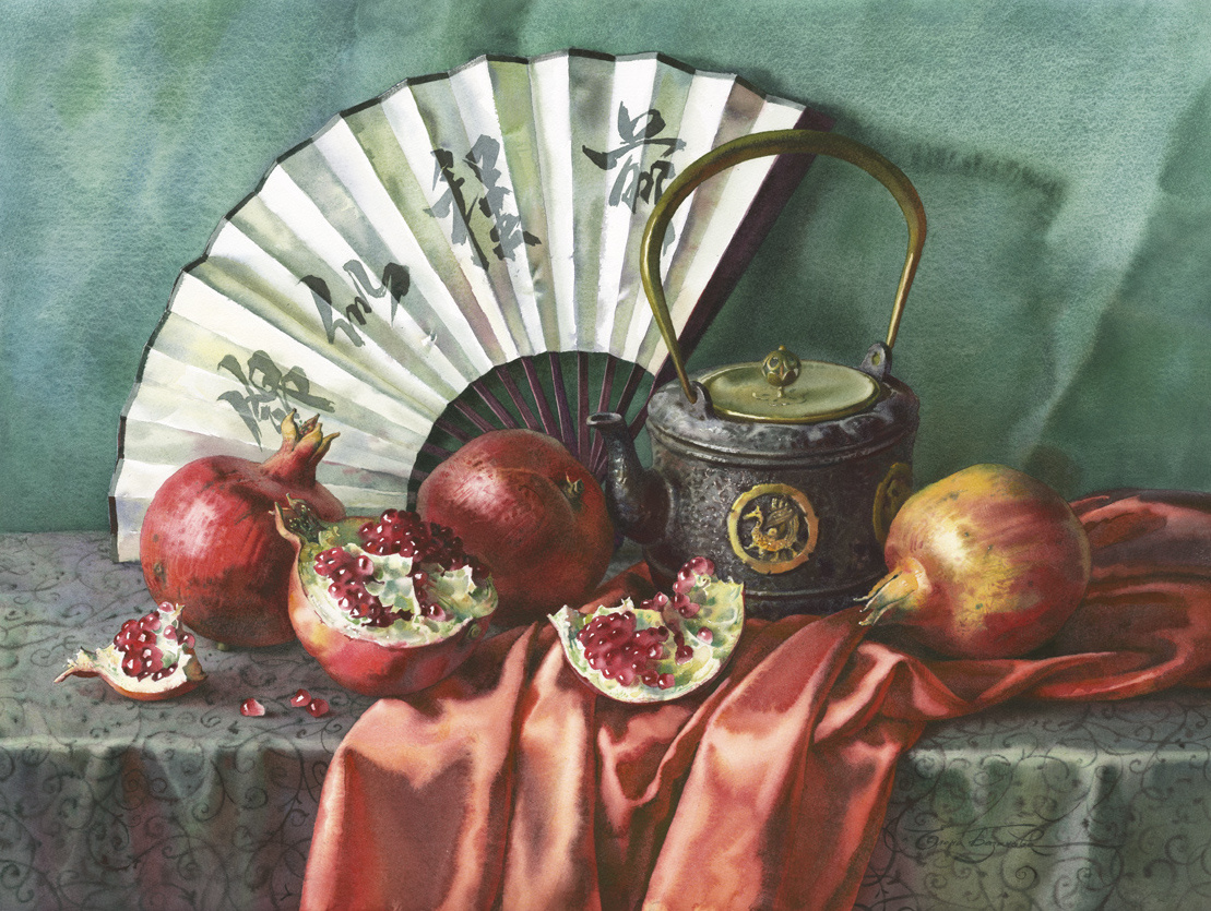 «Китайский мотив. Цвет нефрита и граната», 56х76 см, бумага, акварель, 2020 / «Chinese Motive. The Color of Jade and Pomegranate», 56x76 cm, 2020