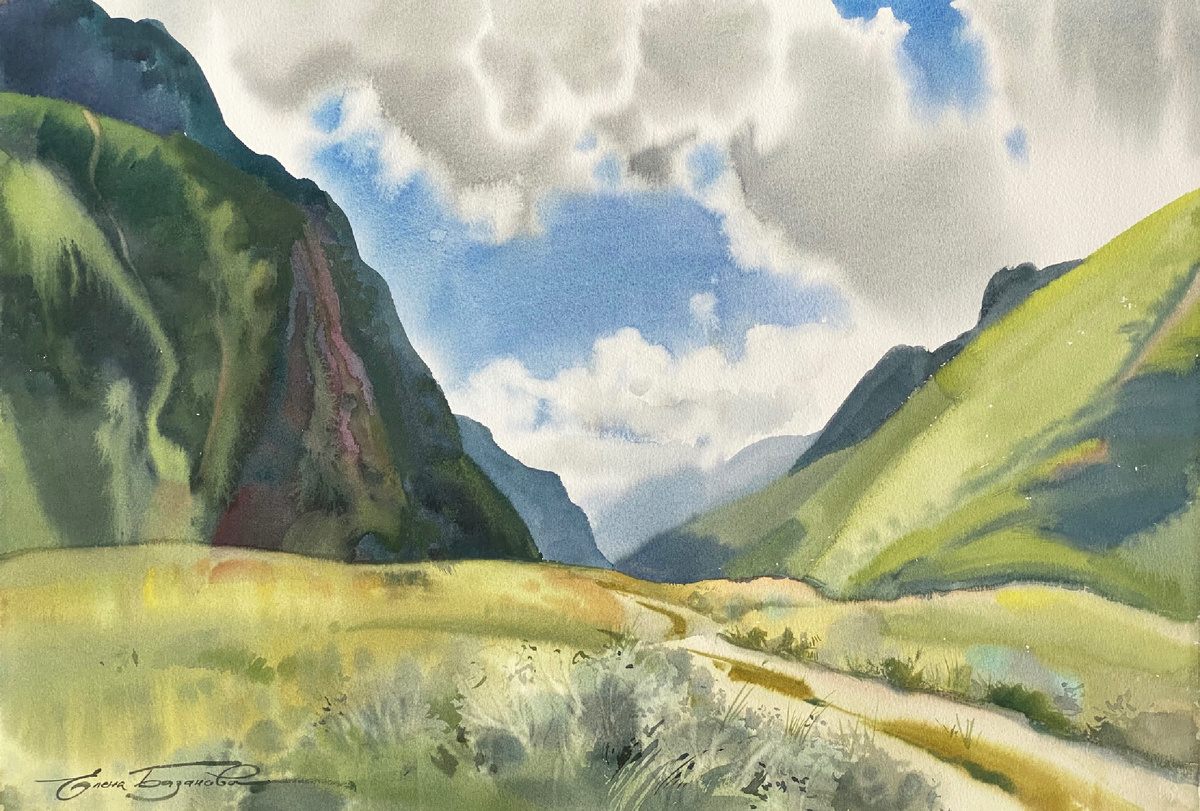 «Этюд в Ущелье Прыгающего тигра. Лидзян. Китай». 37х55 см, бумага, акварель, 2019