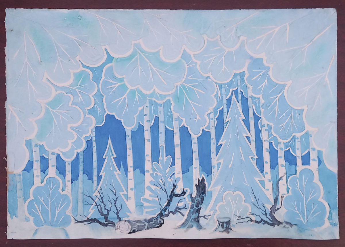 ДК им. Горького. Эскиз декорации к  Ёлке. Художники Блиновы Н. А. и Н. Ф.