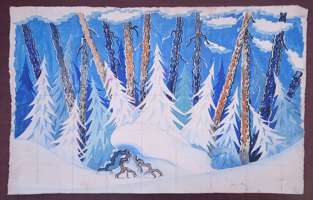 1974 г.. ДК им. Горького. Эскиз декорации к Ёлке. Художники Блиновы Н. А. и Н. Ф.