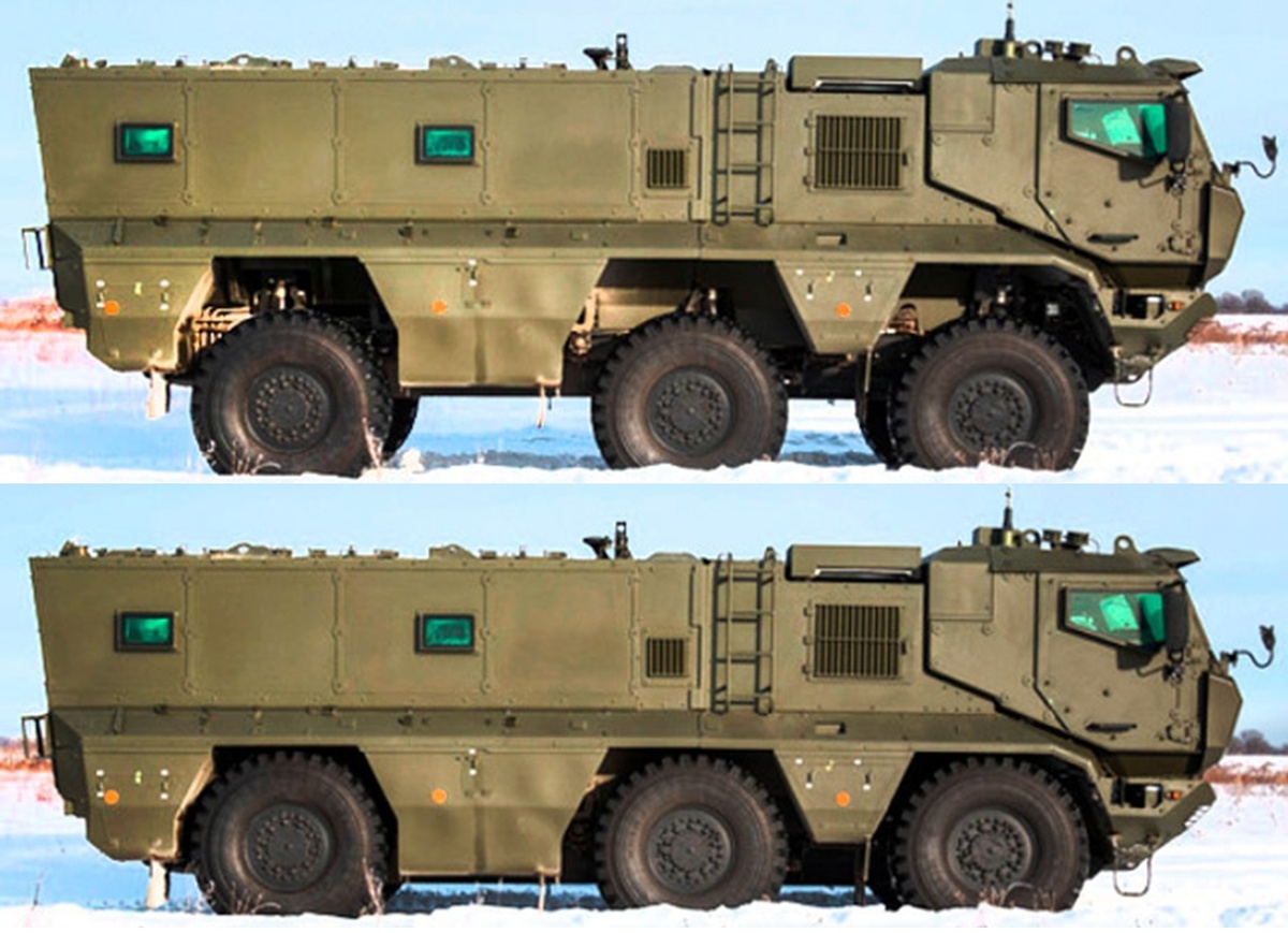 На фотографии: бронеавтомобиль «Тайфун-К» в нижнем и верхнем положении колес. Можно регулировать клиренс на 20 см. Фото из открытых источников.