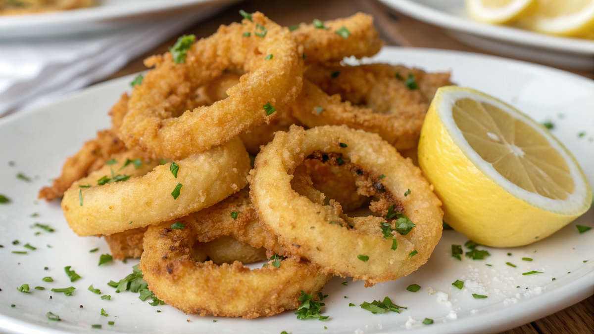 На белой тарелке горкой золотистые, хрустящие снаружи и сочные внутри жареные кольца кальмаров. 