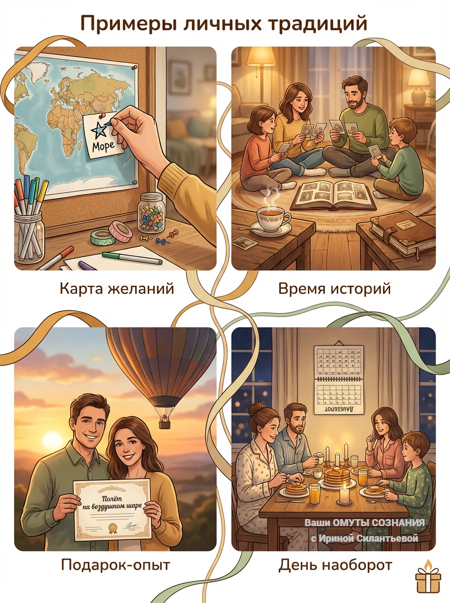 Повторяющиеся действия (записывать благодарности, открывать письма через год, составлять карту) работают как «якоря» — они помогают осмыслить пройденный этап и с надеждой смотреть вперёд.