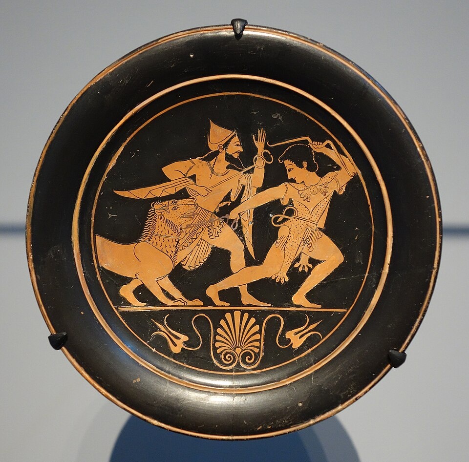 Геракл в сопровождении Гермеса ведёт двухголового Цербера из подземного мира.