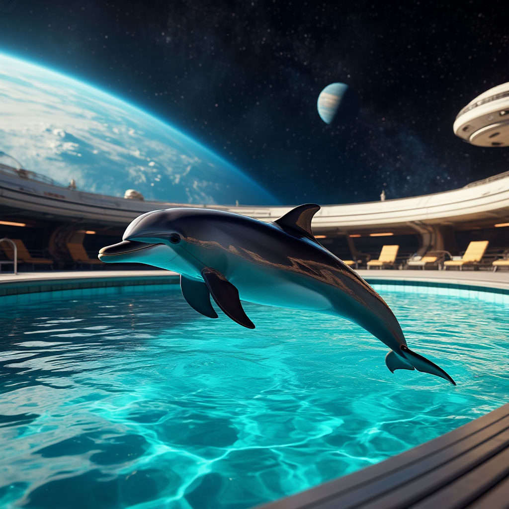 Один дельфин плавает в бассейне на космическом корабле.