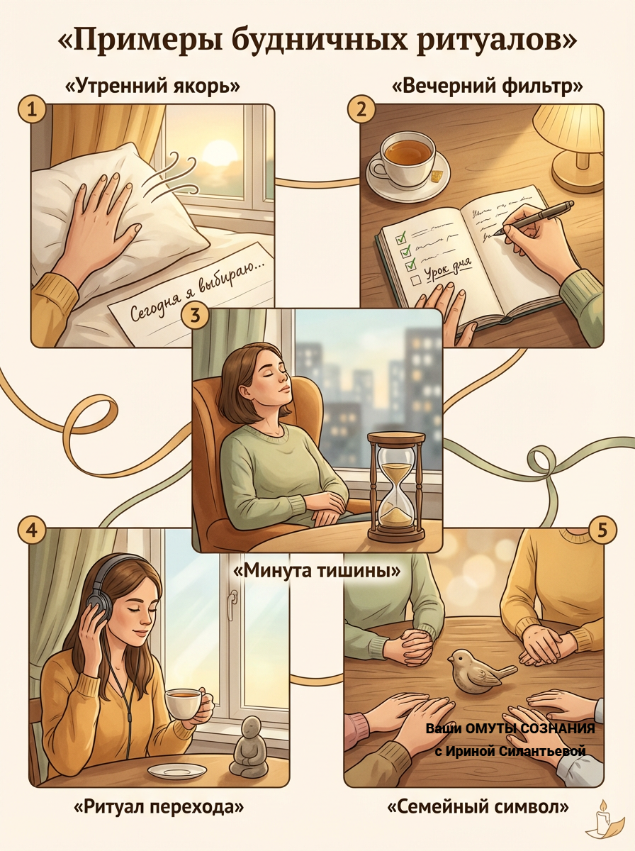 Каждый из этих ритуалов — «якорь» для психики. Они помогают остановиться, почувствовать землю под ногами и напомнить себе: «Я здесь, я в безопасности».