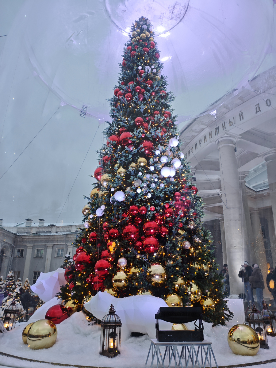 Нарядная ёлка под центральным куполом у "Дворца милосердия"