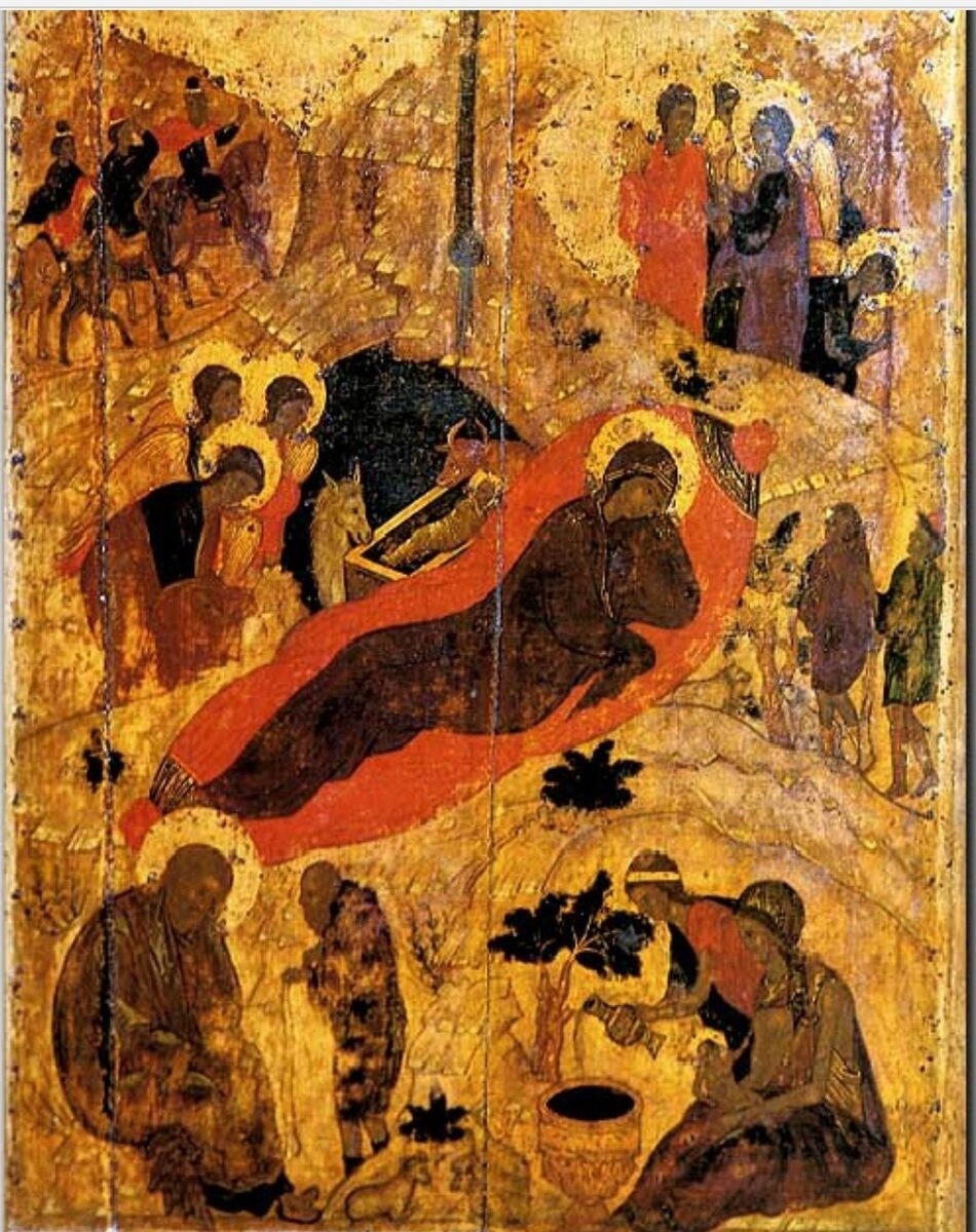 Андрей Рублёв. Рождество Христово. 15 век. Икона из праздничного чина Благовещенского собора Московского Кремля.