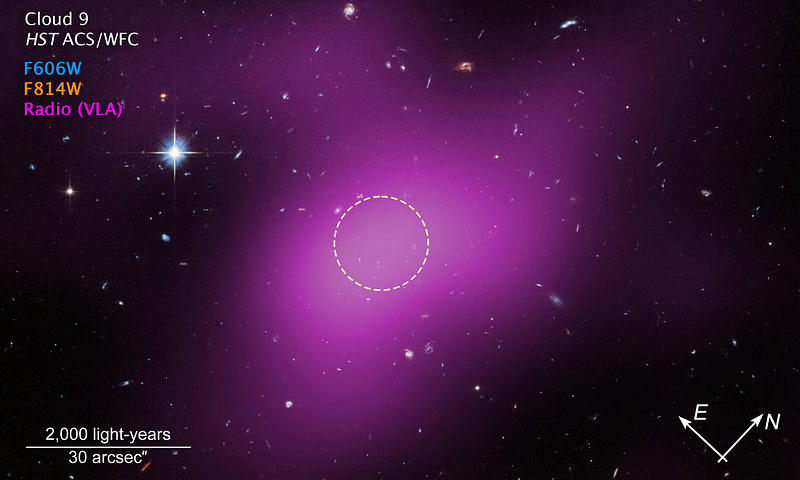 На этом изображении показано местоположение Облако-9, находящегося в 14 миллионах световых лет от Земли. Размытый пурпурный тон представляет данные радиообсерватории Very Large Array (VLA), которые выявили наличие облака. Пунктирный круг отмечает точку максимального радиоизлучения — место, на котором исследователи сконцентрировали свой поиск звёзд. Источник: NASA, ESA. G. Anand (STScI), и A. Benítez-Llambay (Университет Милана-Бикокка). Обработка: J. DePasquale (STScI).