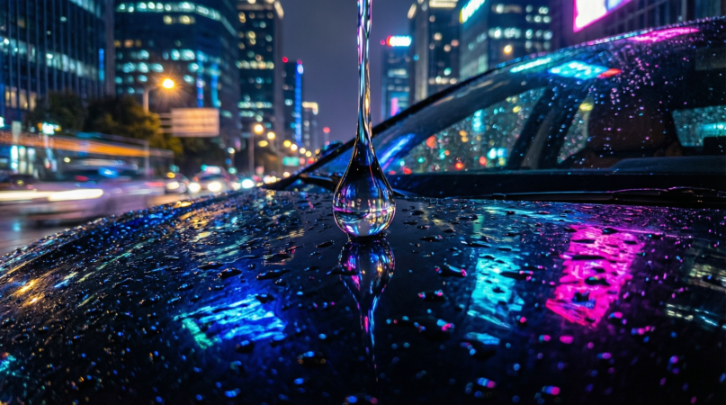 Крупный план: Капля дождя стекает по обтекаемой линии крыши BYD Dolphin, отражая неоновые огни ночного города.