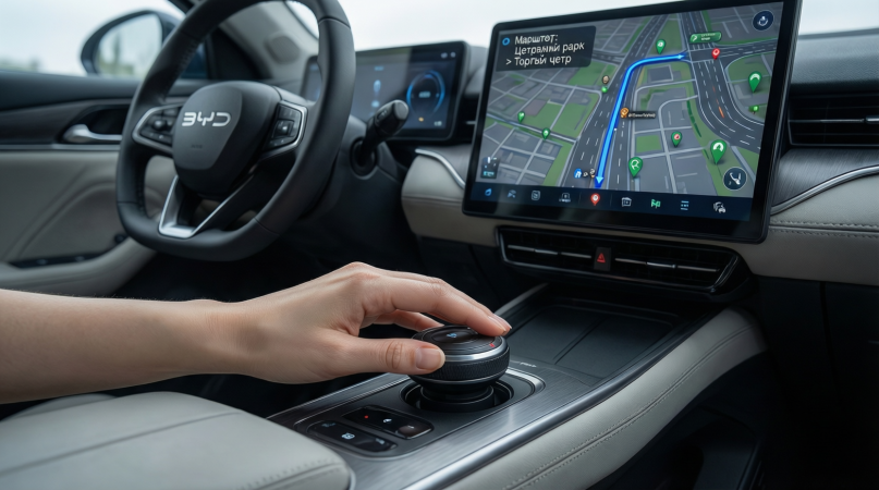 Интерьер: Женская рука легко касается вращающегося селектора передач на центральной консоли BYD Dolphin. На экране — карта с проложенным маршрутом.