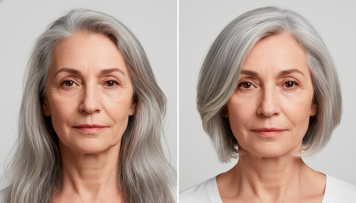 Длинные тонкие волосы (слева) оттягивают лицо вниз и выглядят уныло. Стрижка до плеч (справа) облегчает лицо и омолаживает. Чувствуете разницу?