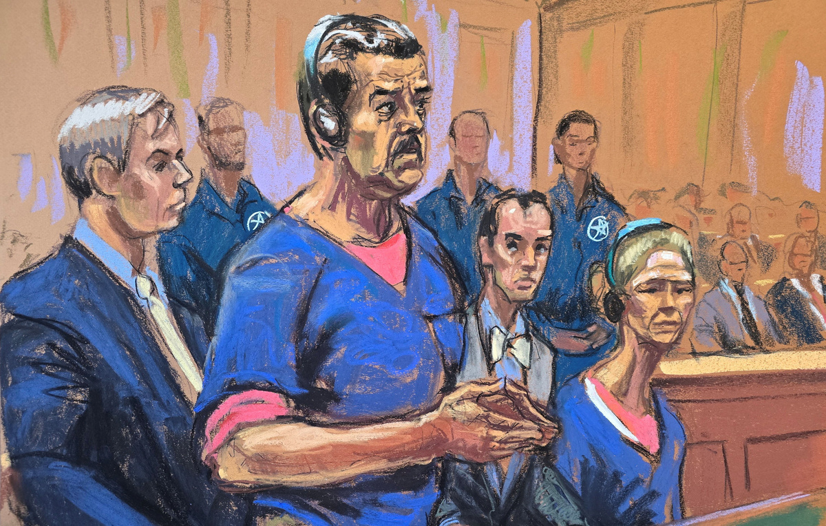    Президент Венесуэлы Николас Мадуро и его жена Силия Флорес на зарисовке из зала суда  REUTERS/Jane Rosenberg