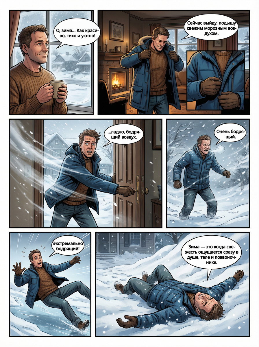Тёплый дом, кружка в руках и идеальная зимняя тишина за окном — что может пойти не так?
Всего один шаг наружу, и зима мгновенно доказывает, что «свежий морозный воздух» — понятие очень субъективное.
Ироничный мини-комикс о том, как ожидания тают быстрее, чем ты успеваешь закрыть дверь.