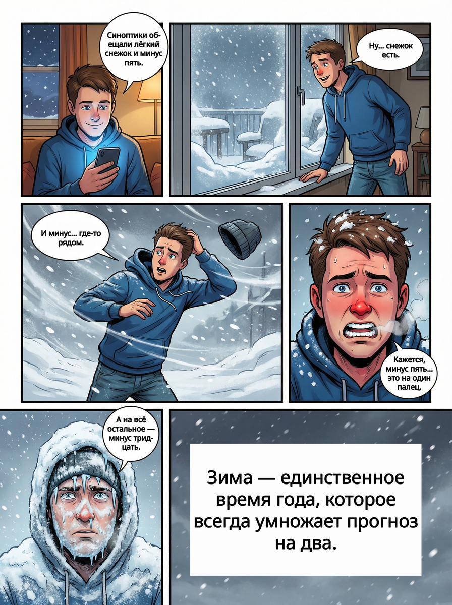 Синоптики обещали лёгкий снежок и всего минус пять…
Но зима, как всегда, внесла свои правки — резкие, беспощадные и умноженные на два.
Короткий, меткий и очень жизненный мини-комикс о том, почему зимой прогноз погоды стоит читать с чувством юмора и в тёплой куртке.