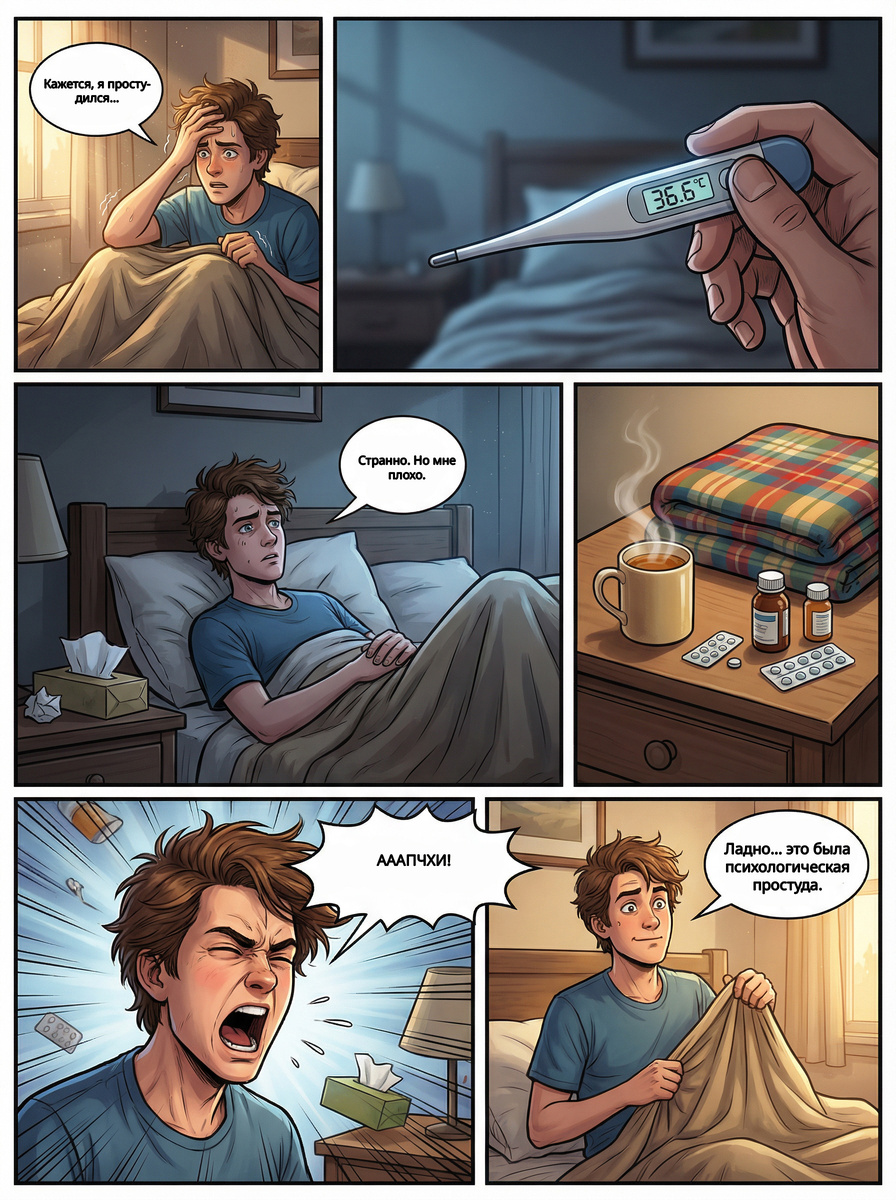 Термометр спокоен, лекарства наготове — а ощущение, что что-то всё равно не так.
Этот мини-комикс с юмором показывает знакомое каждому состояние, когда тело здорово, но паника уже под одеялом.
Немного иронии, один громкий «апчхи» — и диагноз оказывается куда проще, чем казалось.