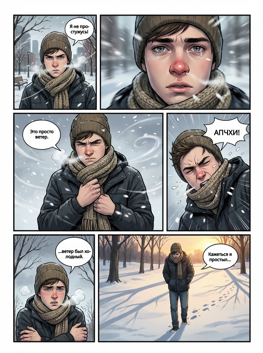 Он уверен, что не простудится. Уверен, что это всего лишь холодный ветер.
Но зима умеет спорить молча — через красный нос, слёзы на ветру и один предательский «апчхи».
Ироничный и очень жизненный мини-комикс о самоуверенности, которая тает быстрее снега на шарфе.