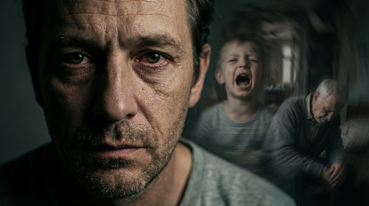 В глазах этого человека — немой крик. Это портрет поколения, которое научилось терпеть, но разучилось чувствовать. Ты узнаешь в нем себя?