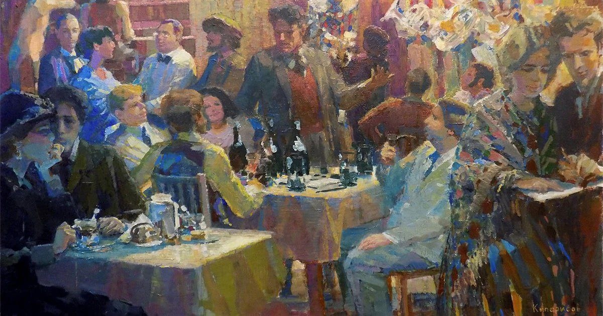 🎄«Празднование Нового 1912 года в „Бродячей собаке“» — картина Л. Г. Кипарисова, написанная в 2019 году.

31 декабря 1911 года в «Подвале Бродячей собаки» собралась богема «Серебряного века», чтобы отметить открытие арт-кафе и встретить Новый 1912 год.

Ахматова, Гумилёв, Маяковский, Есенин, Блок, Кузьмин, Добужинский, Алексей Н. Толстой и другие.