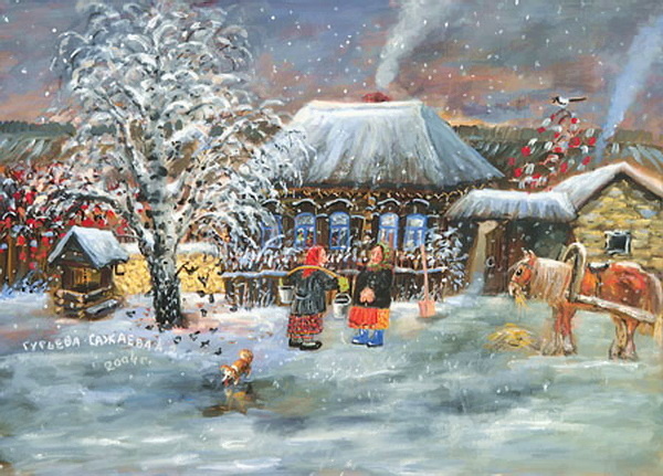 © Александра Гурьева – Сажаева. А вечером пошел снег. Бумага, смешанная техника. 35 x 48см. 2004 г.