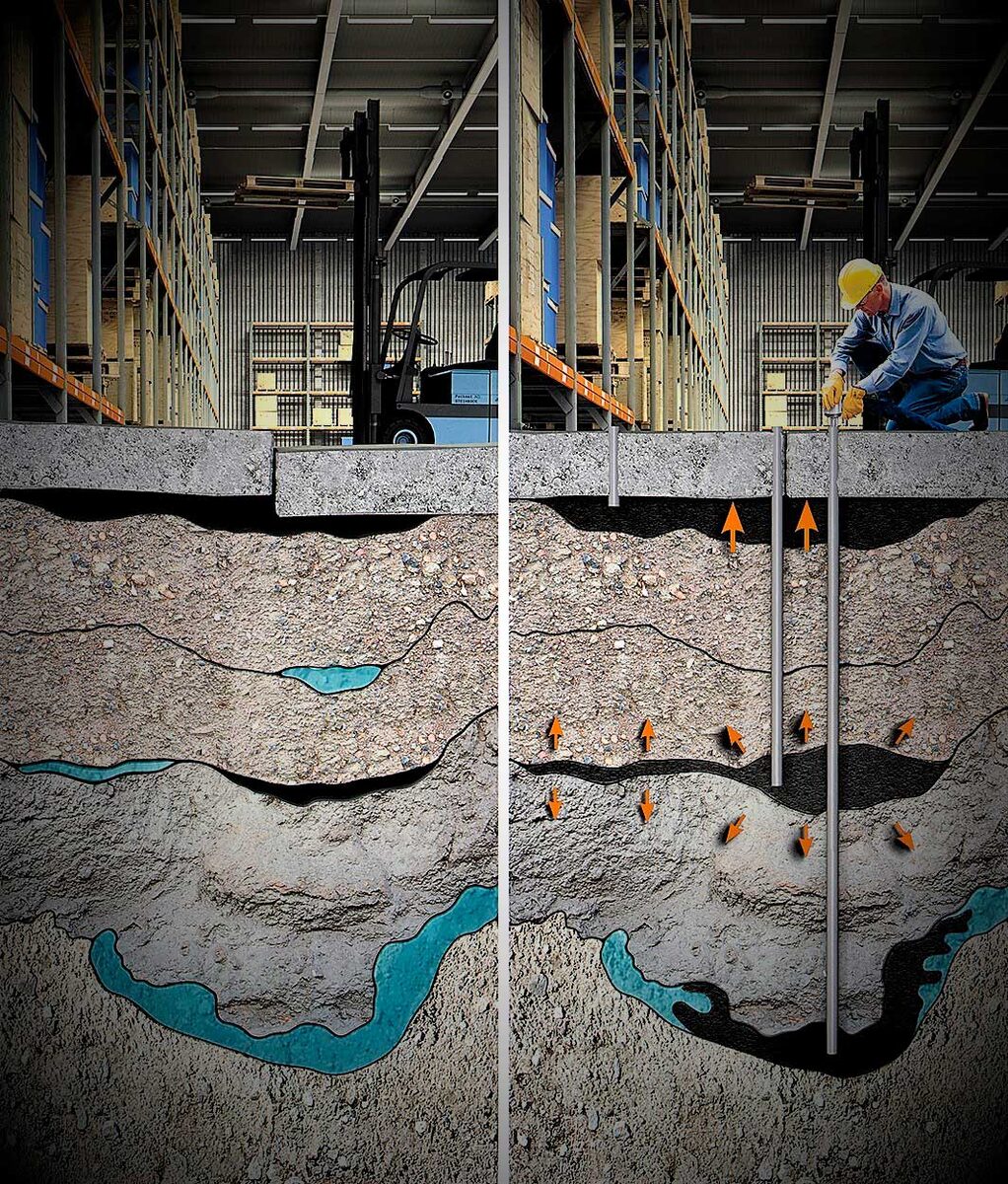 Разрез и принцип раборы геополимерного инъектирования