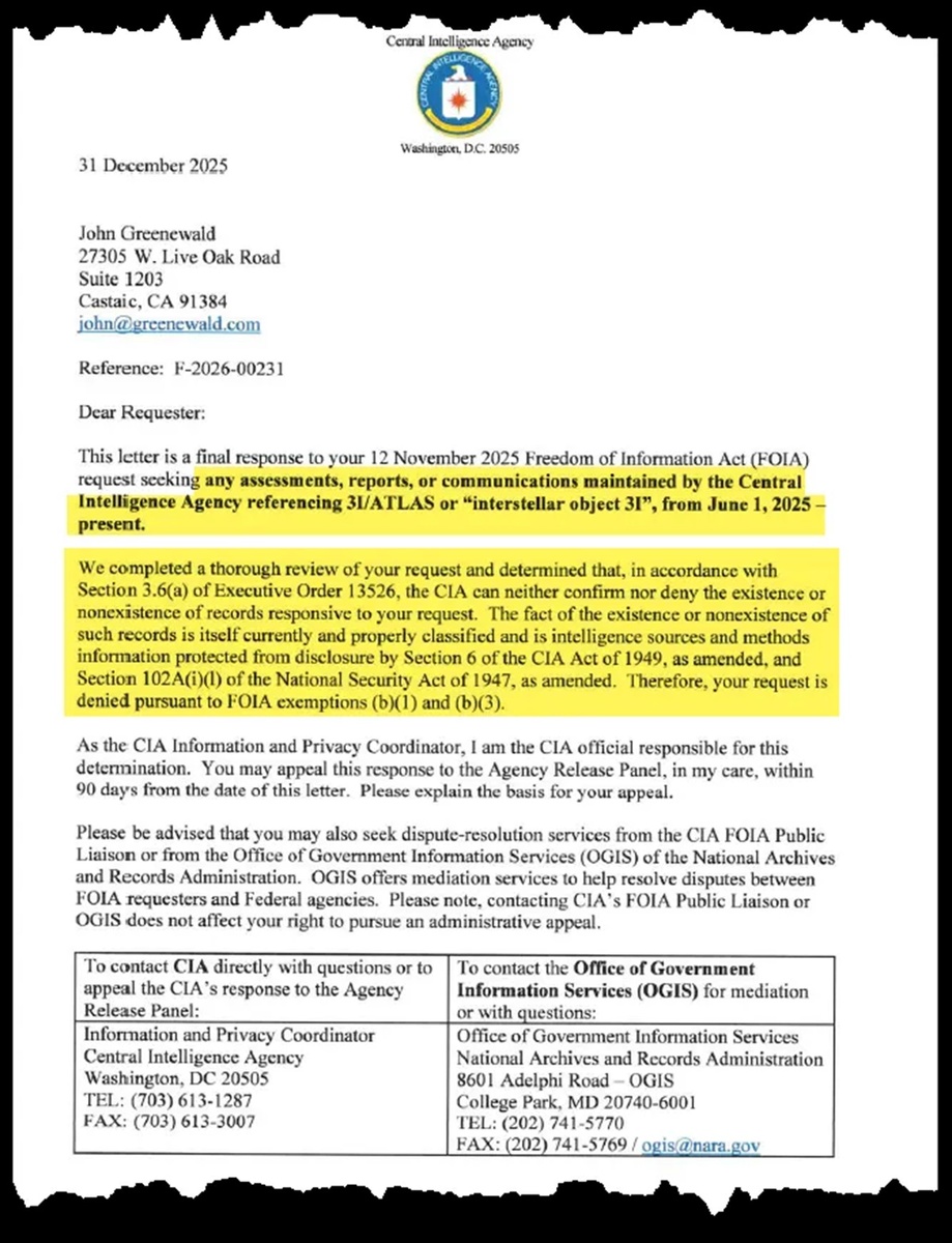    Ответ ЦРУ на запрос, в котором ведомство заявило, что оно не может «ни отрицать, ни подтвердить существование или несуществование документов», связанных с 3I/ATLASavi-loeb.medium.com
