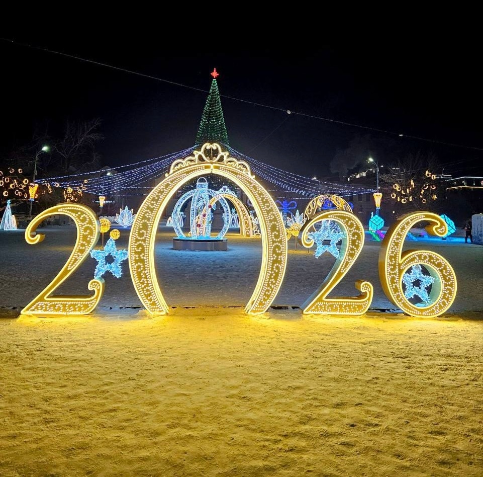 Главная ёлка на площади Свободы в вечернее время. 