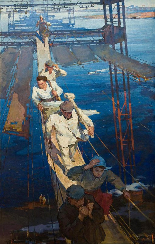 "Будни Сталинградской ГЭС", 1959-1960 годы. Холст, темпера 235 x 150,5 см
Самарский областной художественный музей. Боско Юрий Иванович