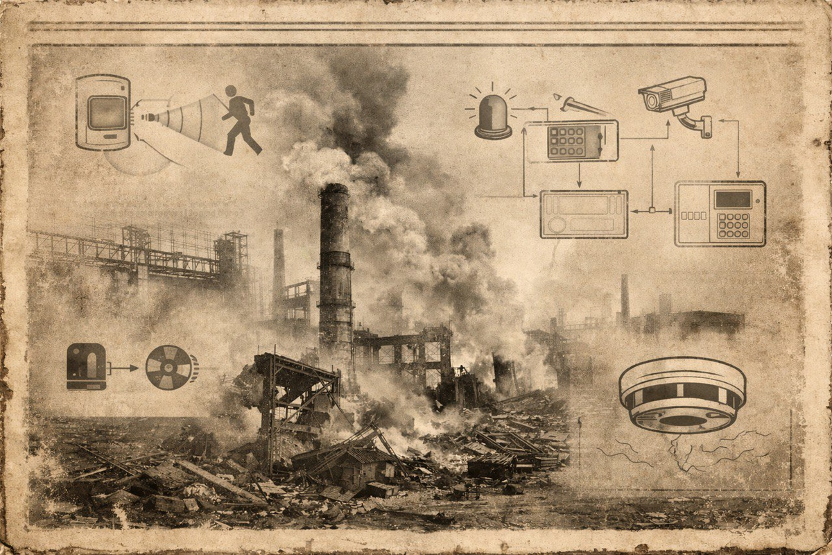 Символическое изображение связи промышленной катастрофы прошлого и высокотехнологичных систем безопасности настоящего