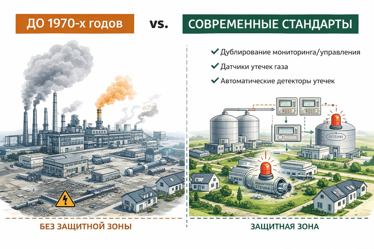 Инфографика, наглядно показывающая эволюцию стандартов промышленной безопасности после крупных аварий.