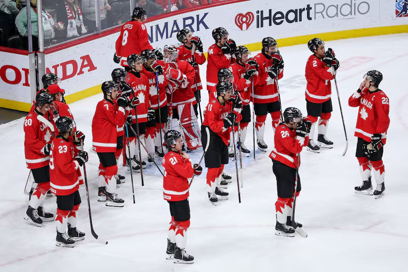 A dejected Canadian team following the loss to Czech Republic. (Associated Press)