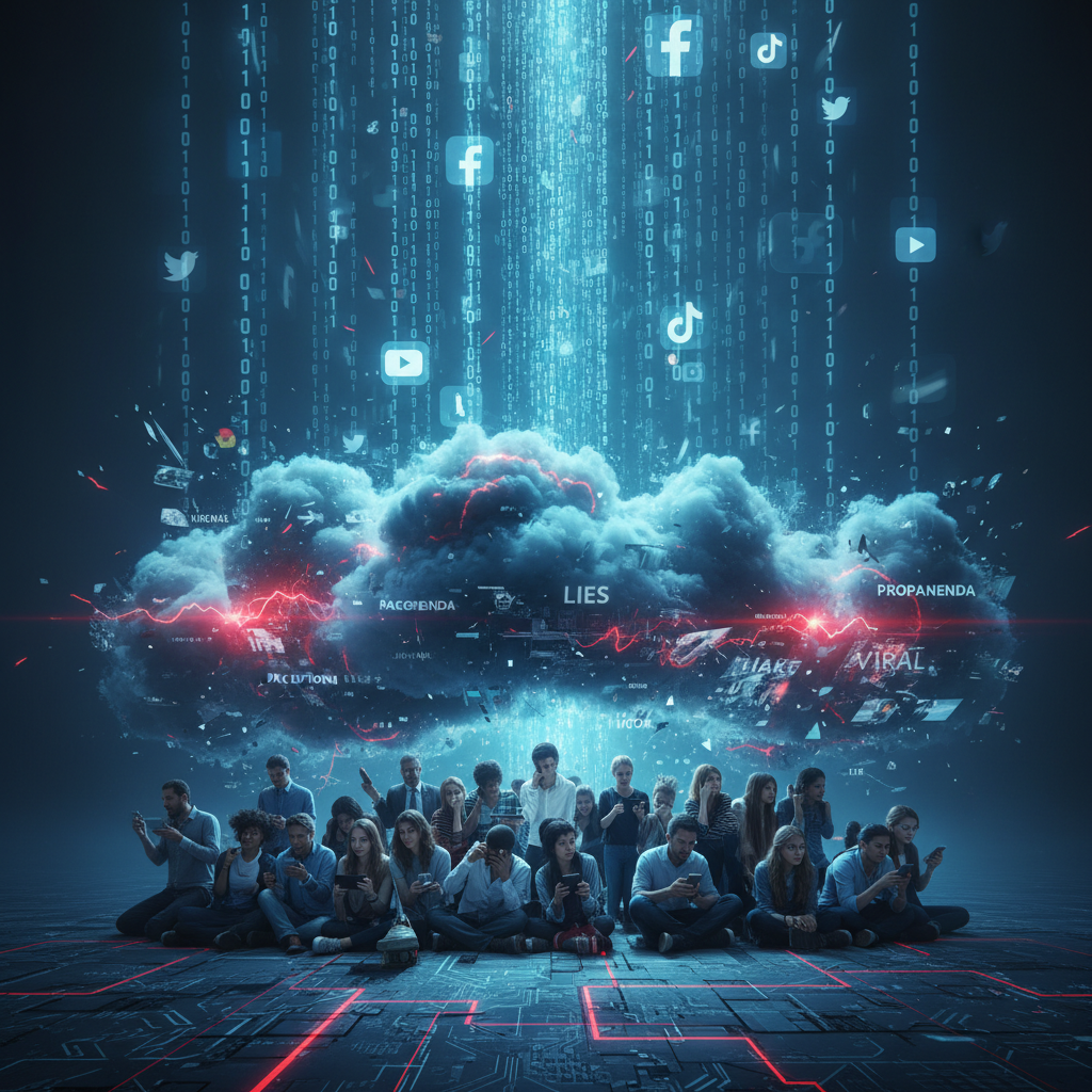 Цифровые потоки данных и опасная (облако) дезинформации, окружённая словами вроде пропаганда, ложь, вирусно, повестка, обрушиваются на людей, иллюстрируя мощь и масштаб современных PSYOP через социальные сети и цифровые технологии.
