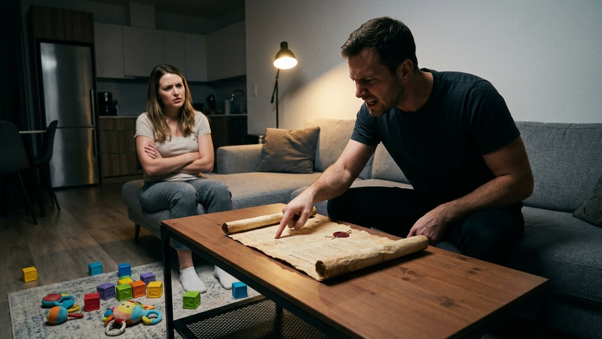 Рука мужа в ярости тыкает в старинный свиток.