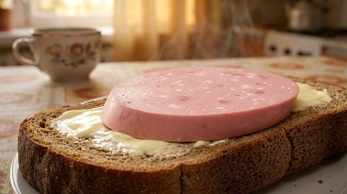 Крупный план идеального бутерброда с вареной колбасой на черном хлебе