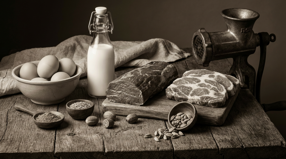 Натюрморт с сырым мясом, яйцами и молоком на деревянном столе