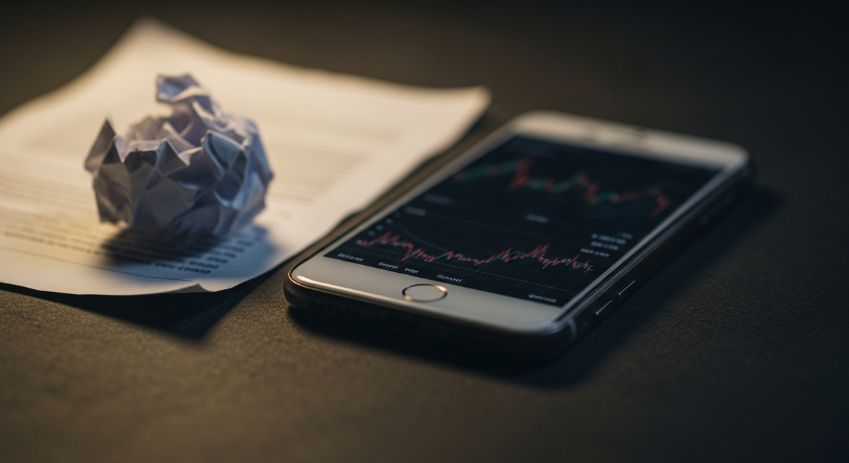Смартфон с размытыми графиками и скомканный лист бумаги рядом.