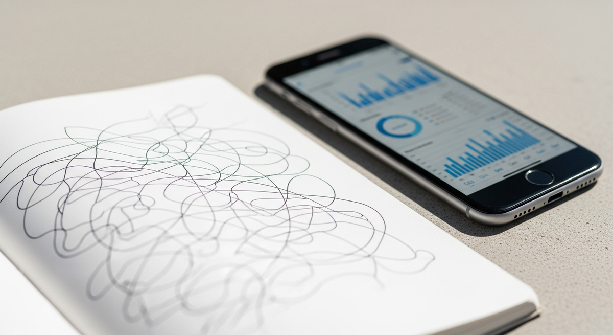 Блокнот с линиями и телефон рядом, графики размыты.