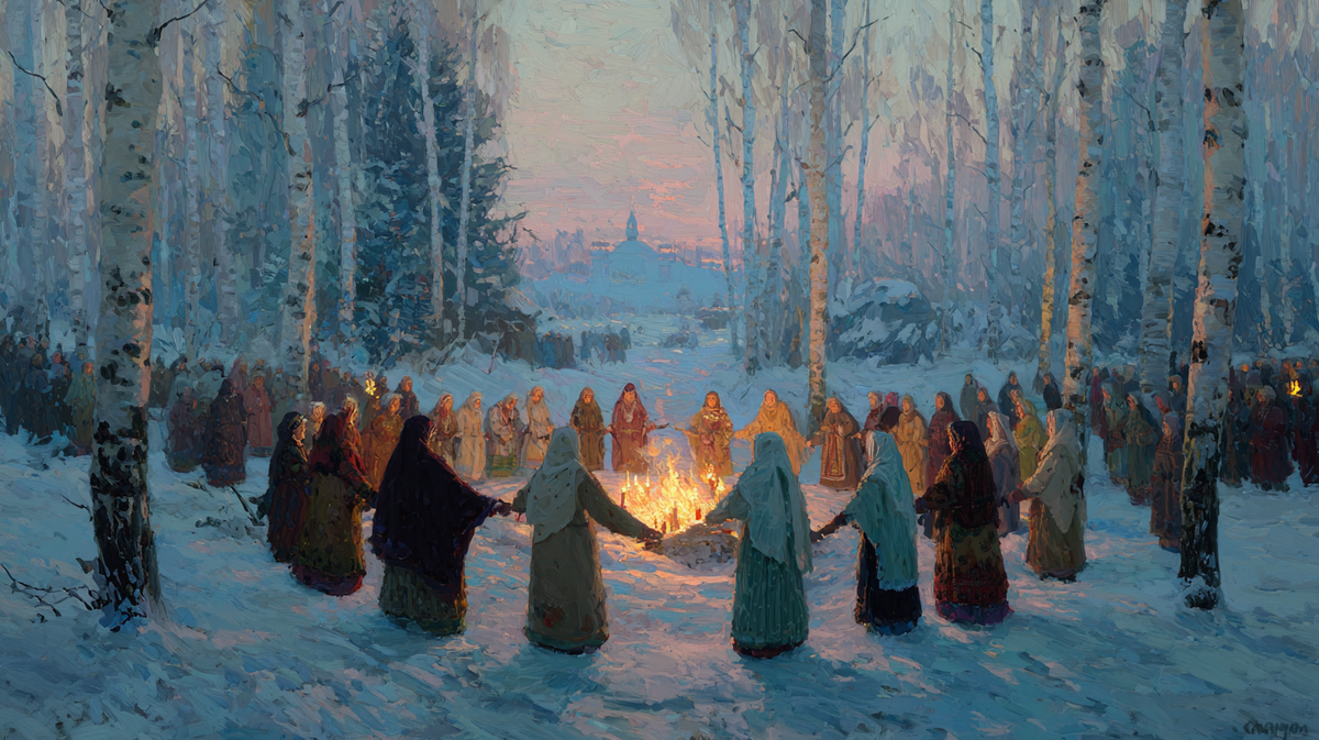 🌲 Рассвет в древней деревне. Славянская община собирается у священного огня — впереди главное чудо года.