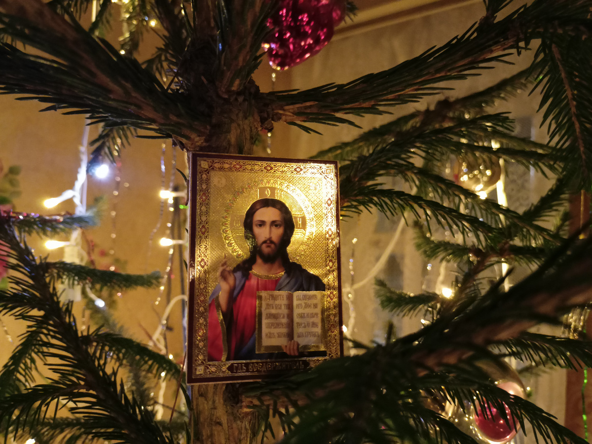 Иконка Господа Иисуса Христа возле ствола ёлочки, временно, для фото)