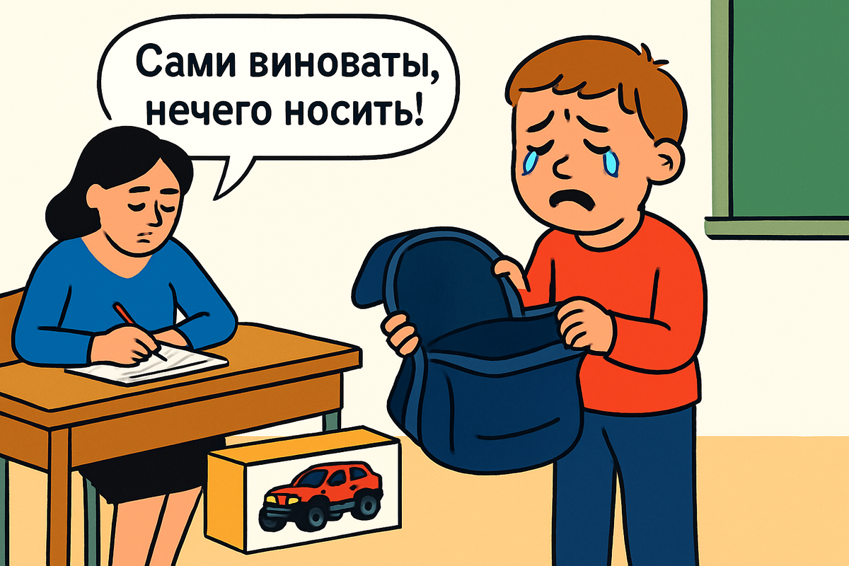 Машинку за 10 000 рублей украли в школе. Учитель: "Сами виноваты, нечего носить дорогие игрушки!" Снимает ли это ответственность со школы за воровство в классе?