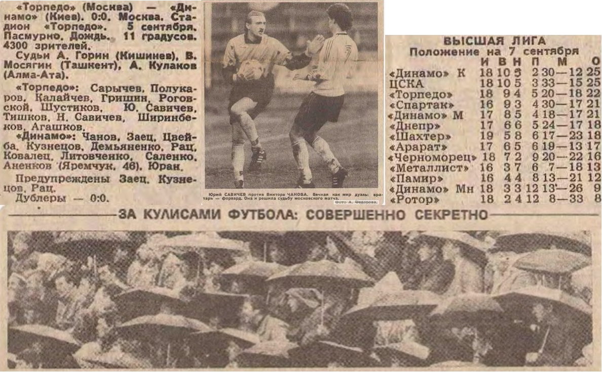 "Советский спорт", № 206 (13025), четверг, 6 сентября 1990 г. С. 1 и № 207 (13026), пятница, 7 сентября 1990 г. С. 1. Коллаж автора ИстАрх. В таблице заметил опечатку - количество ничьих у киевлян, хотя кто-то из читателей газеты и пытался её исправить ("5" на "6") и количество очков - А.К.
