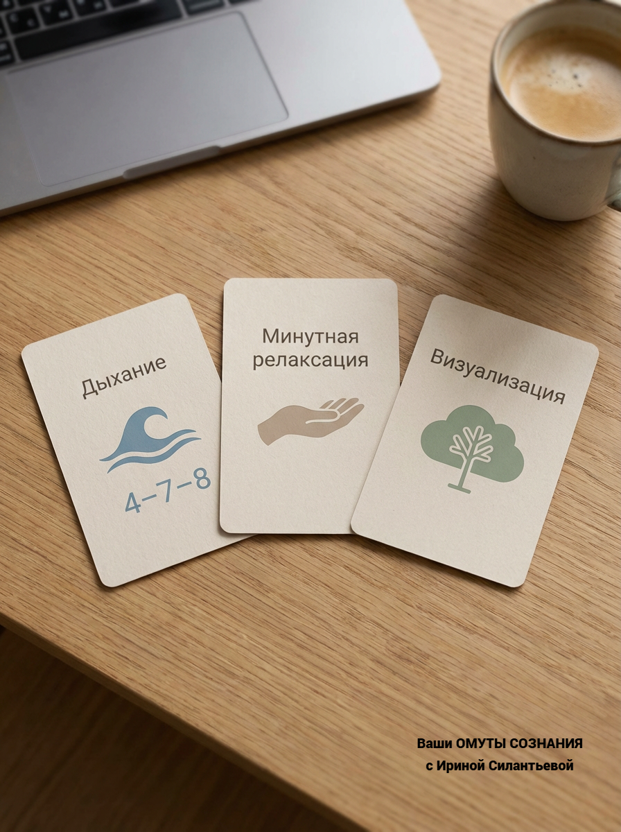Почему карточки работают? Они создают ритуал — предсказуемую последовательность действий, которая успокаивает нервную систему. В стрессе мозг ищет опору: чёткие шаги («взять карточку → выполнить практику → отметить результат») дают ощущение контроля. Это не магия — это нейробиология заботы о себе.
