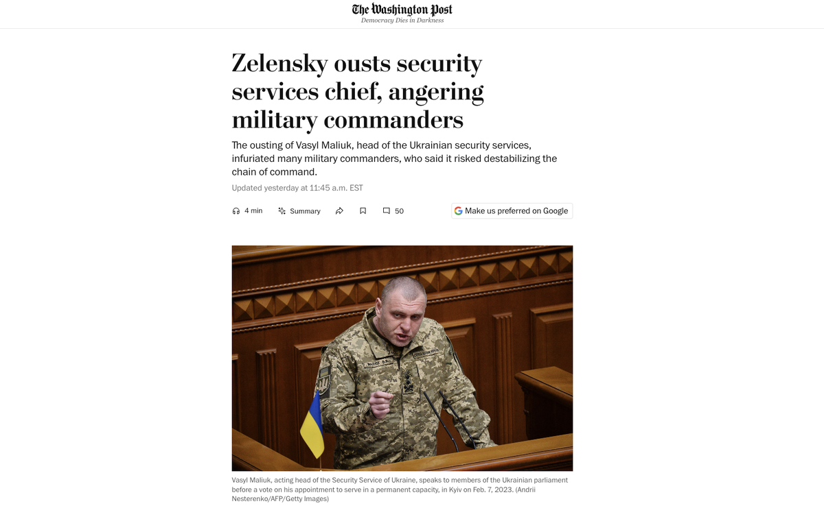     Зеленский снял с должности главу СБУ, вызвав гнев военного руководства / скриншот статьи с сайта The Washington Post