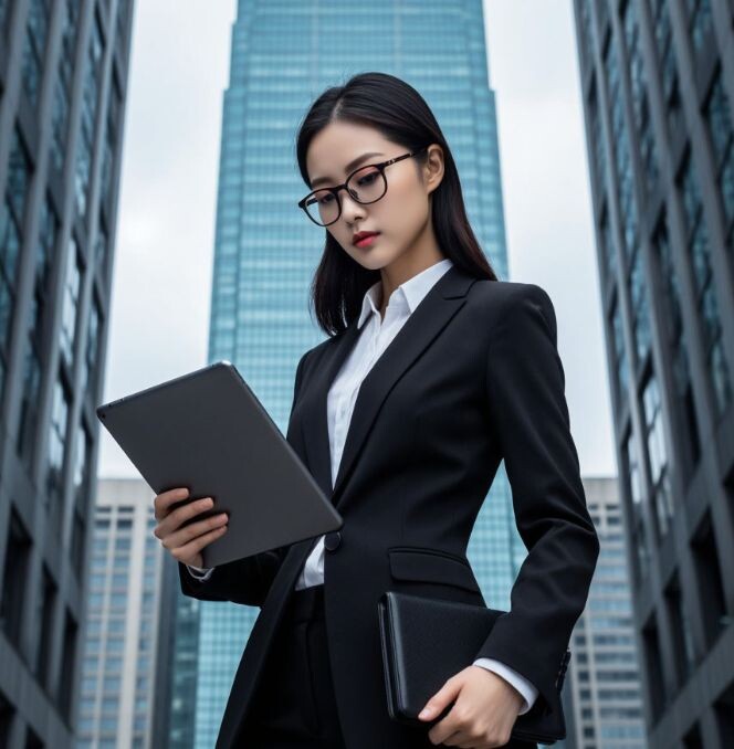 Девушка-аудитор в строгом костюме на фоне небоскребов